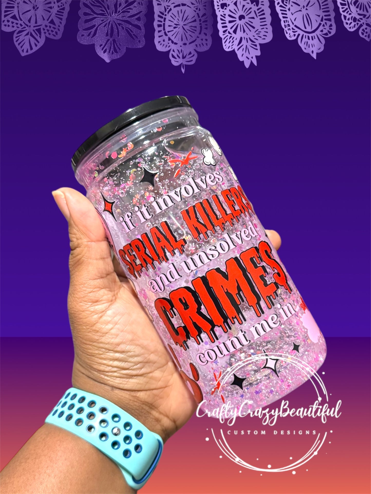 16oz Snow Globe Tumbler with Glitter & Exclusive True Crime UVDTF Design