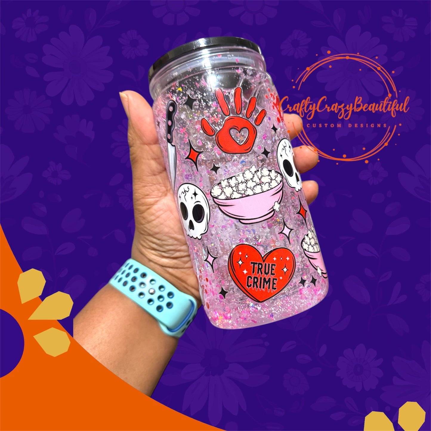 16oz Snow Globe Tumbler with Glitter & Exclusive True Crime UVDTF Design